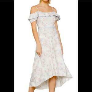 BCBG MAX AZRIA | Hi/Low Off Shoulder Floral Linen MIDI | M